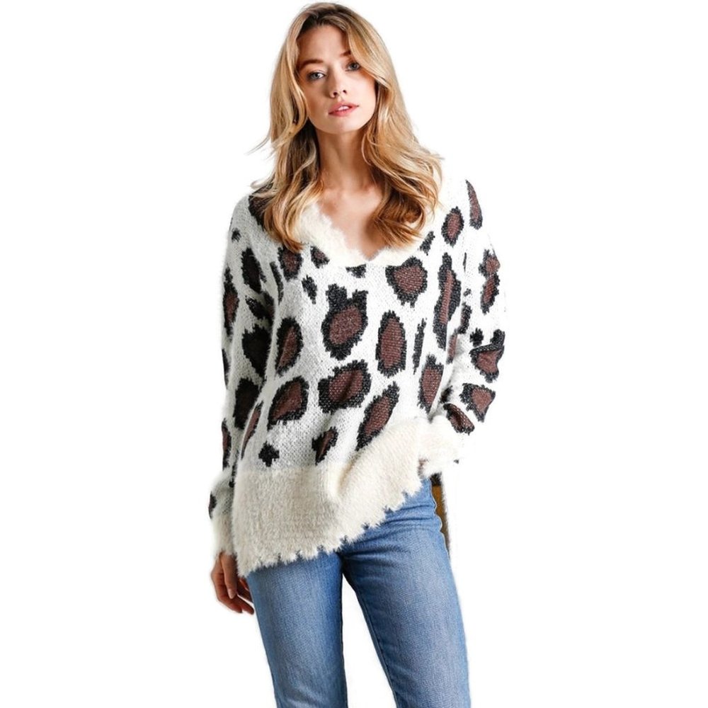 Umgee Fuzzy Leopard Sweater, Cream